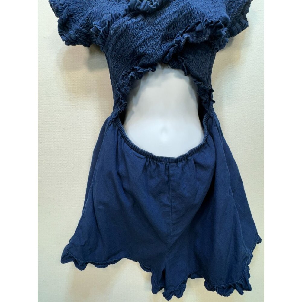 American Eagle Outfitters Womens Smocked Sexy Denim Romper Size L Navy Cutout - Picture 5 of 11